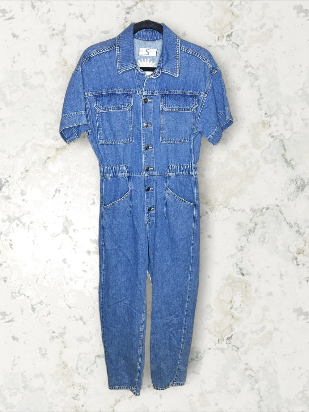Free People Embroidered ‘No Bad Days’ Celestial Moon Denim Jumpsuit S